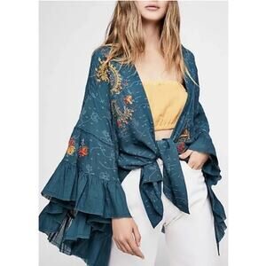 Free People Dottie West Kimono‎ Women's Blouse Top Shirt XS S Teal Embroidered